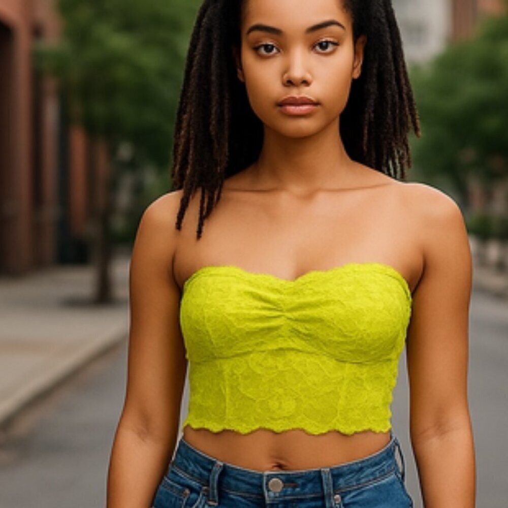American Eagle Outfitters Women's M Cropped Tube Top Neon Green Lace Bra Support